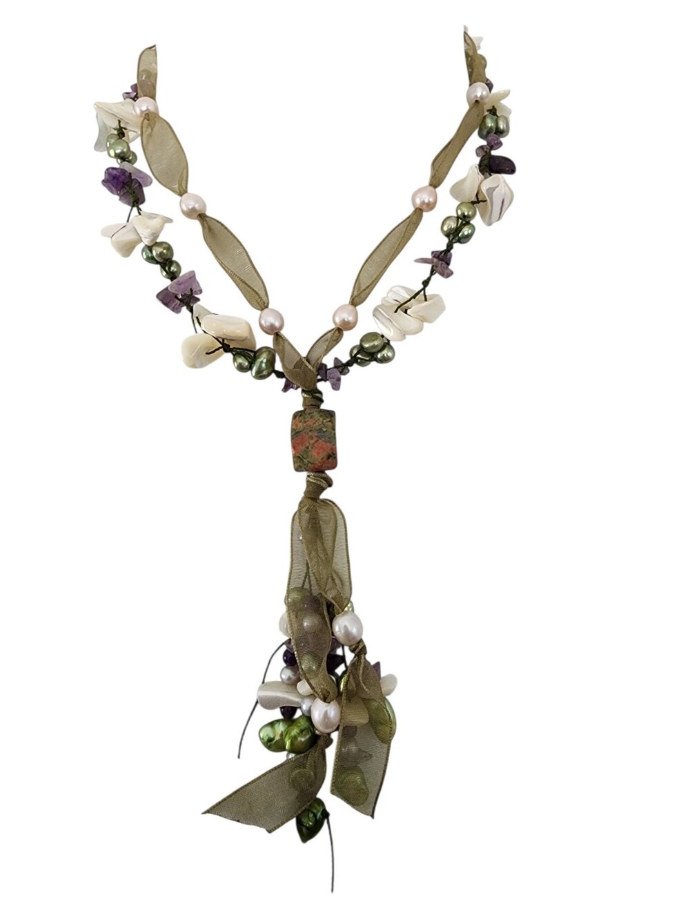 Pearl gemstone shell necklace ribbons silk string unakite amethyst A0 -Q2